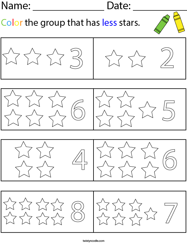 Color the group that has less stars Math Worksheet - Twisty Noodle